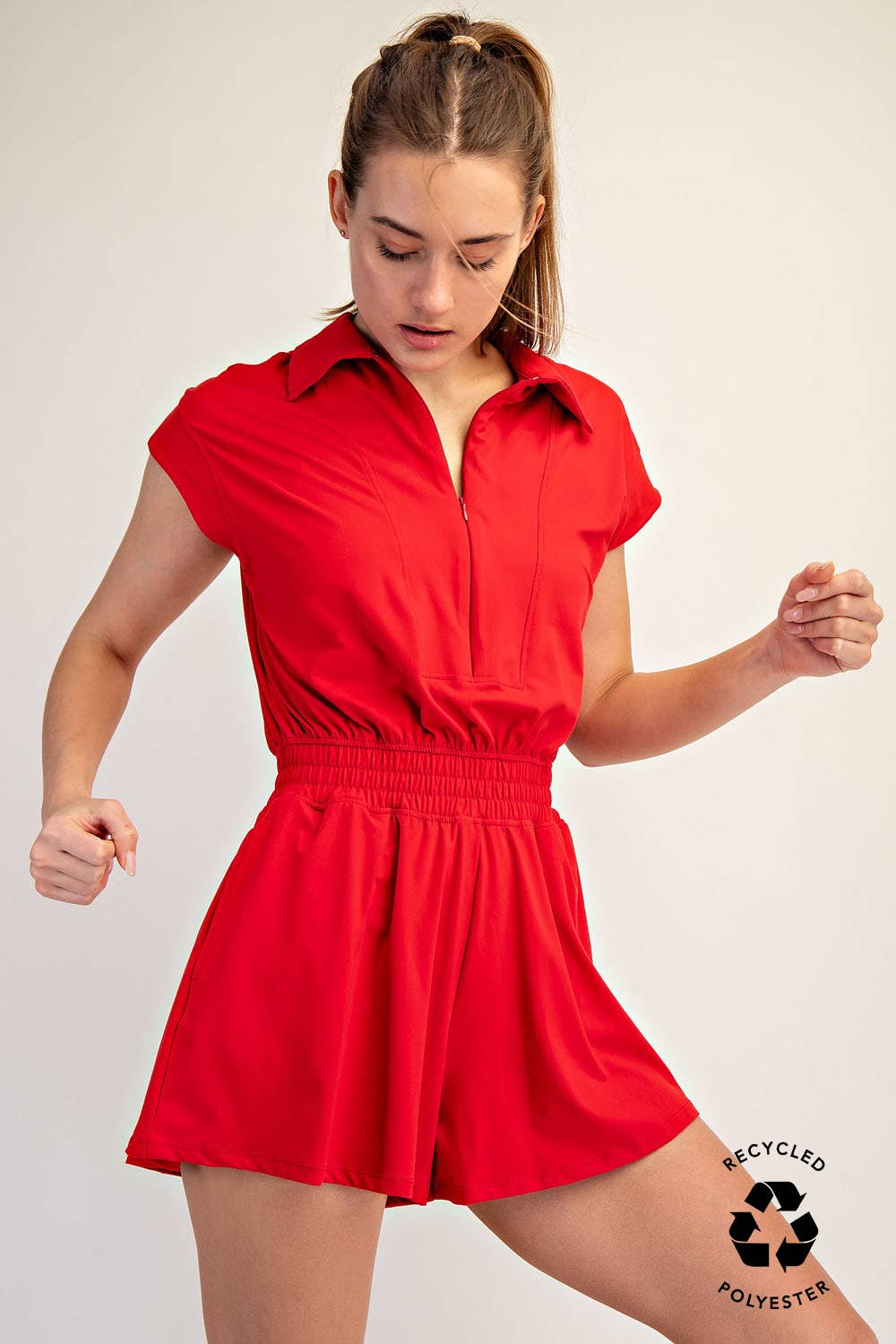 BUTTER SHORT SLEEVE QUARTER ZIP ROMPER