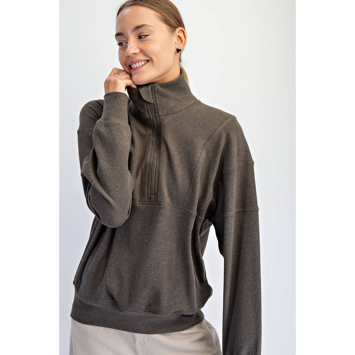 BRUSHED RIB QUARTER ZIP PULLOVER