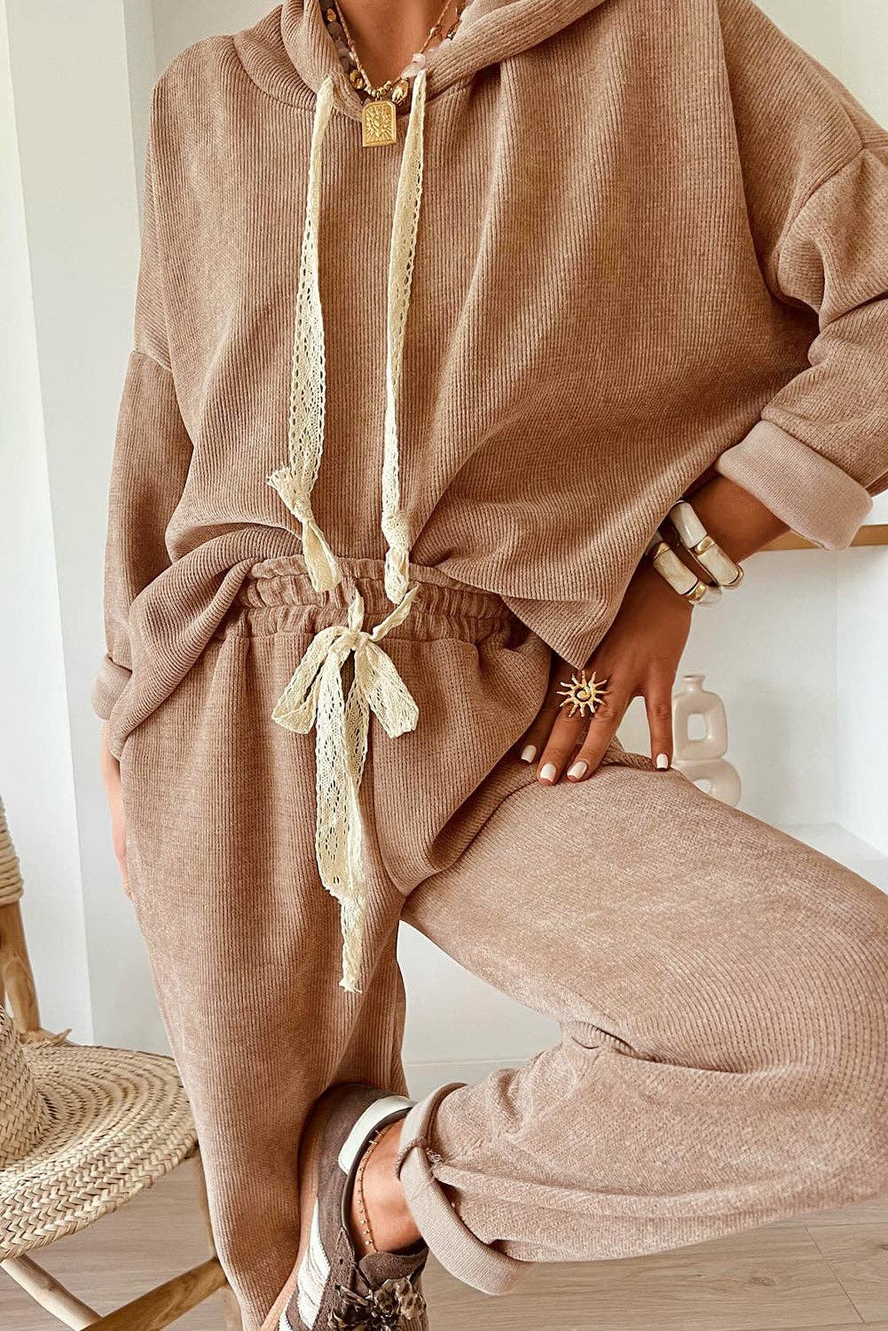 Drawstring Pullover Corduroy Sweatpants -Smoke Gray
