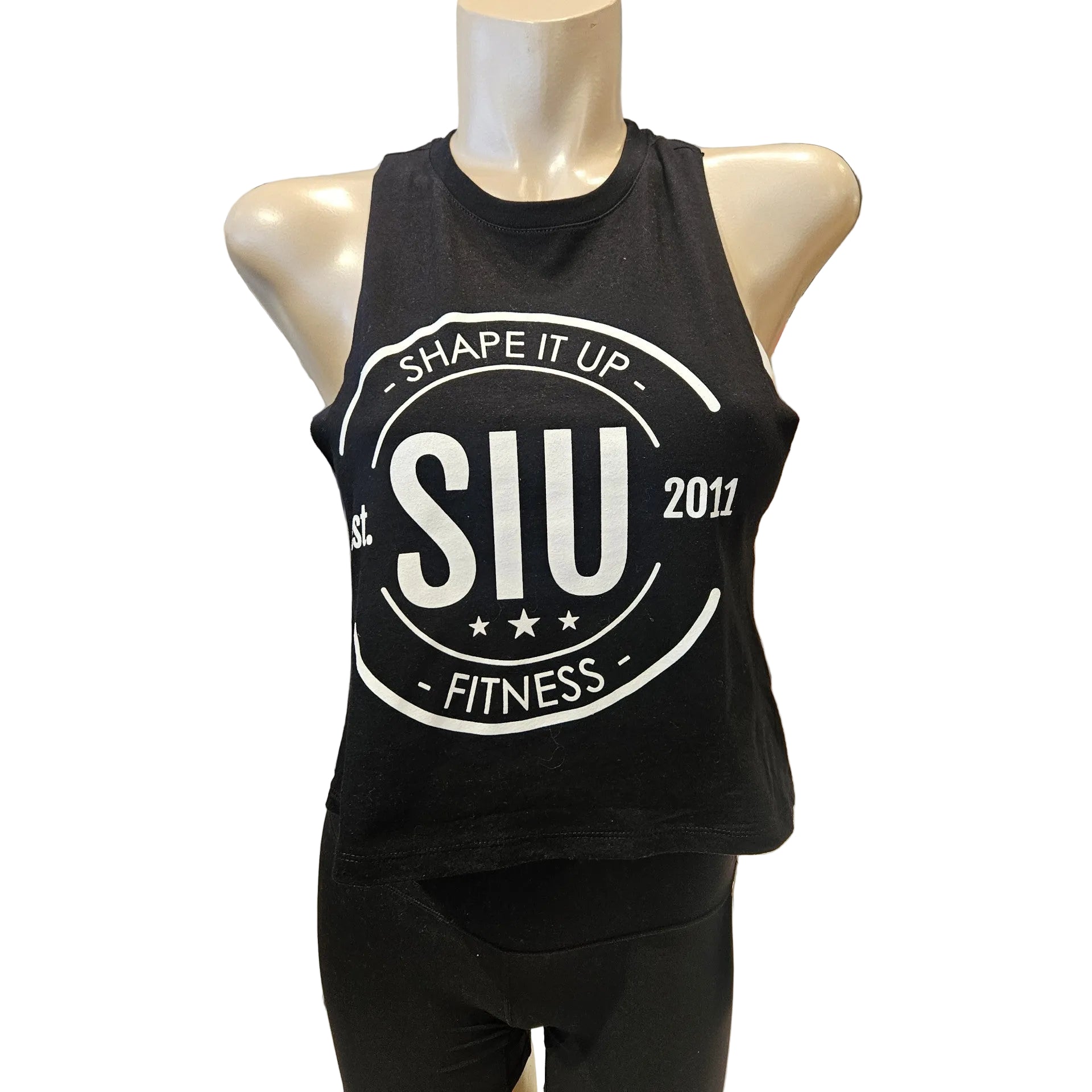 Black tank top with 'SIU Fitness' branding on a mannequin in a store setting.