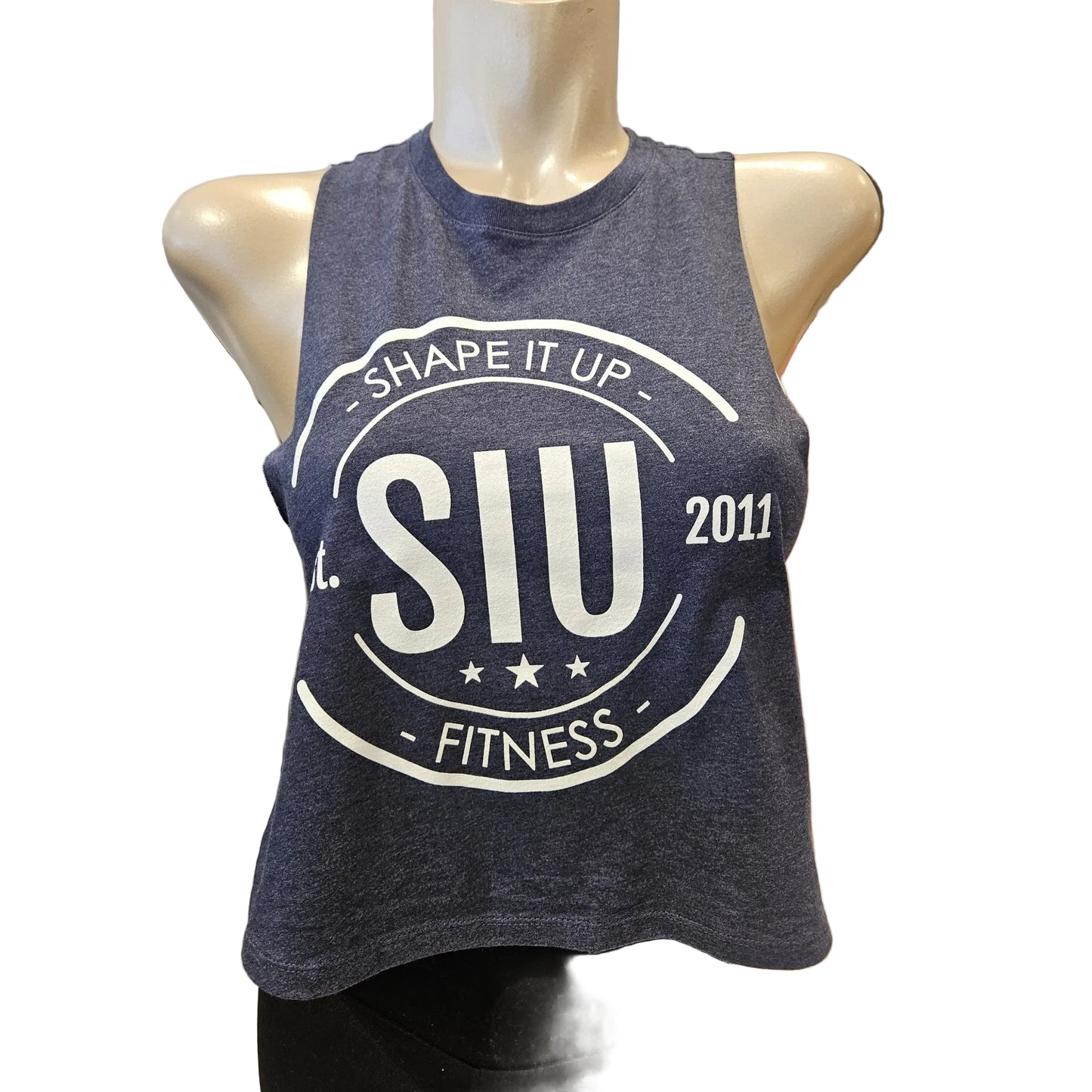 Blue tank top with 'SIU 2011 Fitness' text on a mannequin in a store setting.